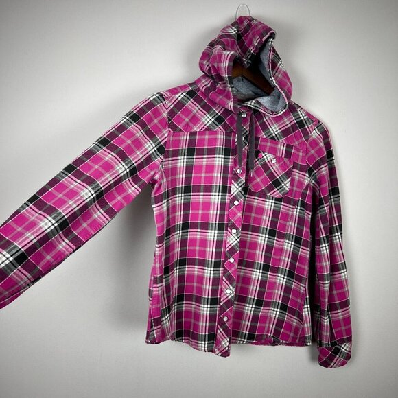 Carhartt Flannel Shirt Womens Small Pink Plaid‎ Hooded Pearl Snap Rugged Shacket - Picture 6 of 9